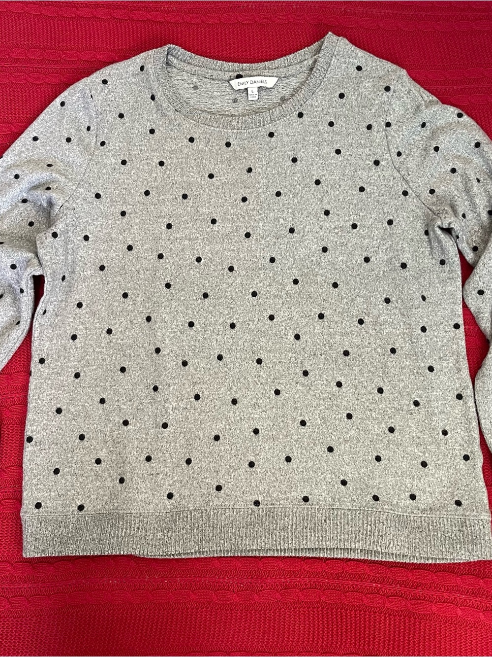 Amy Daniels Gray Crewneck Sweater with Black Polka Dots